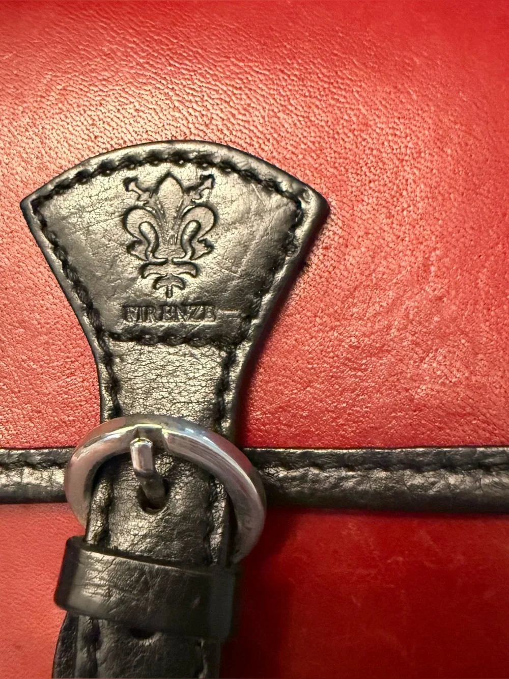Vintage Firenze Italian Leather Crossbody Bag Red Black Fleur De Lis